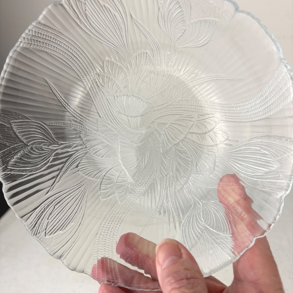 Set of 2 France Canterbury Crocus Clear Glass Bowls Textured Floral Scalloped